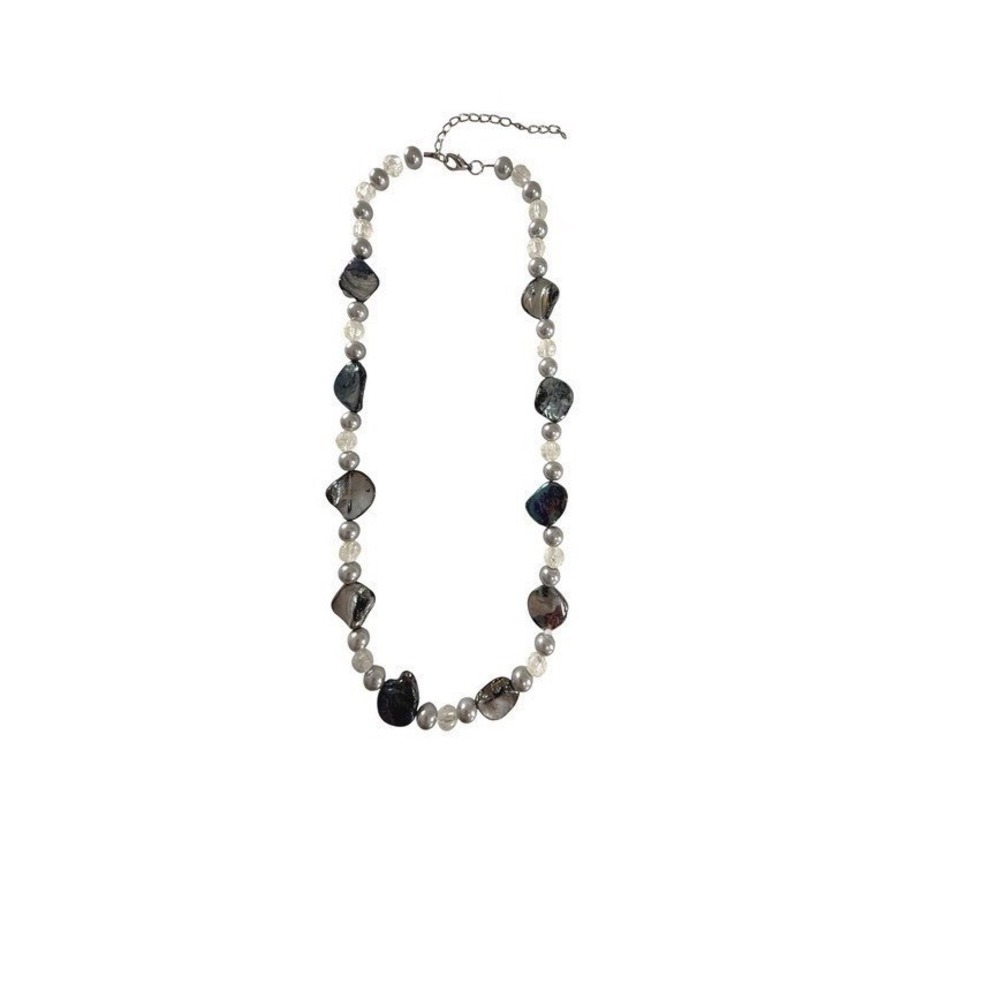 Beaded Shell Necklace About 20 Inch Grey Iridescent Faux Pearl Extender Jewelry - Picture 3 of 7